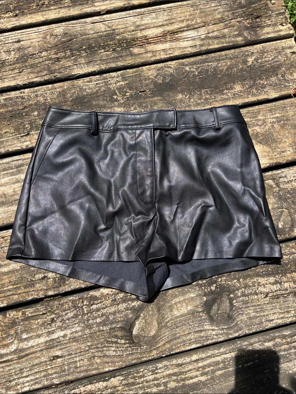 WAYF Black Vegan Leather Women's Shorts. Low waisted Size M. 10” rise. 2” inseam